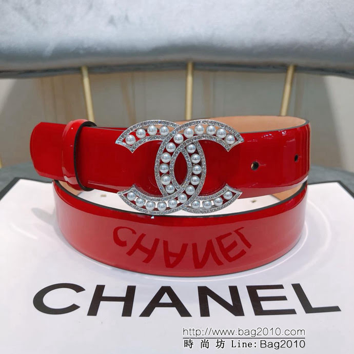 CHANEL香奈兒 18新款 30mm精品 CC珍珠滿鑽鏤空扣 樹膏底妖帶 網紅同款腰帶  xfp1160